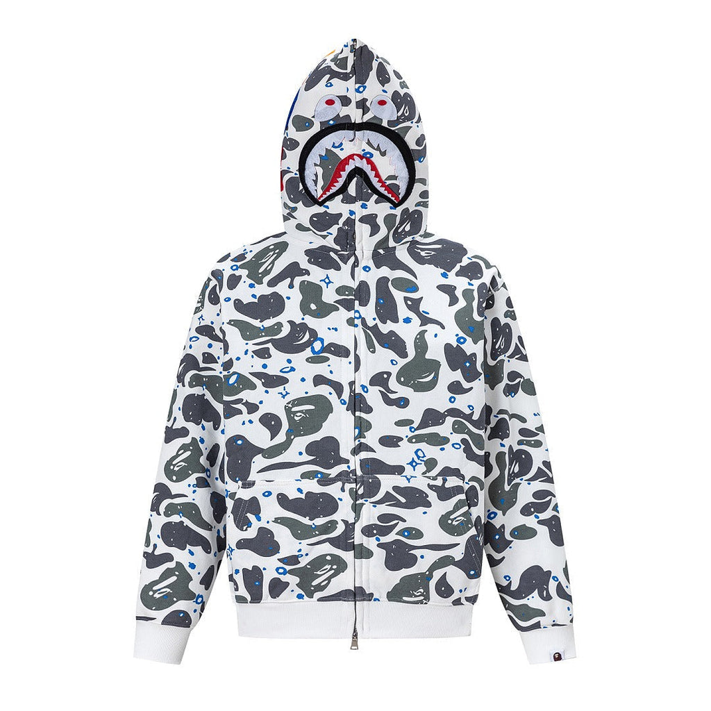 BAPE Shark Full Zip Camo Hoodie (White & Blue Paint Splatter Camo)