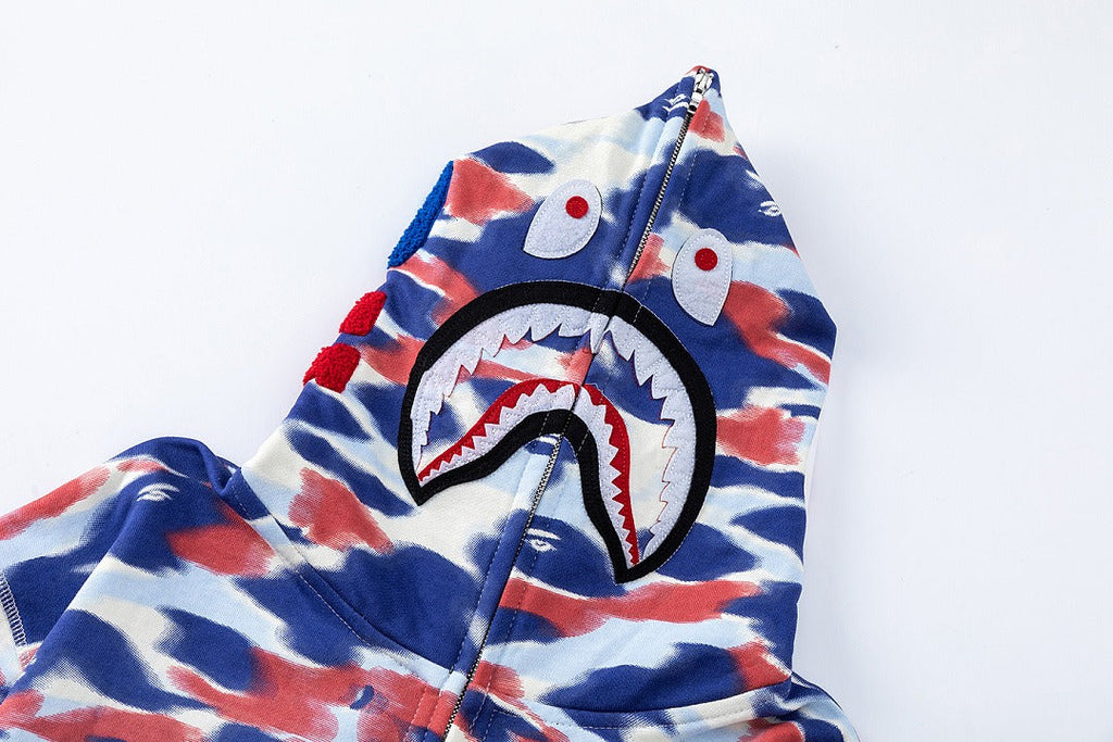 BAPE Shark Full Zip Camo Hoodie (Blue, Red & White Multi-Camo)